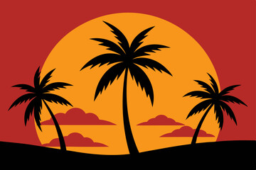 A stunning tropical beach sunset featuring silhouetted palm trees against an orange sky
