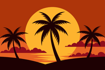 Tropical sunset over the beach with palm trees silhouetted against the orange sky