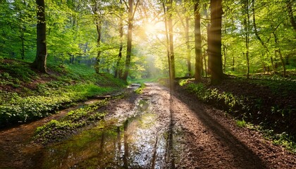 Obraz premium a picturesque spring scene in the woods with a muddy path and the sun shining through the tree foliage onto the ground