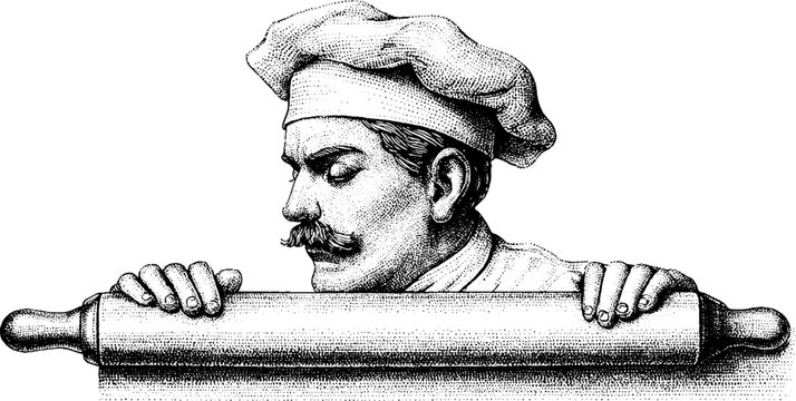 Classic baker with rolling pin dotwork art for culinary design