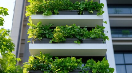 Vertical garden on a modern building facade. Lush green plants in planters adorn the exterior walls