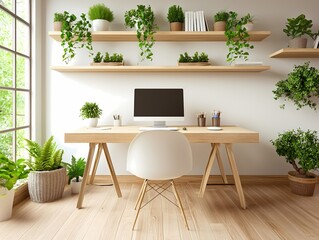 Zen-inspired home office with minimalist desk, wooden shelves, neutral color scheme, and green plants for a calm working space
