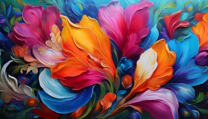 vibrant floral oil painting with bright colors and textured petals