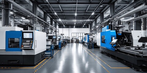 Automated industrial machines in factory for product development and manufacturing. Precision equipment for engineering and mass production.