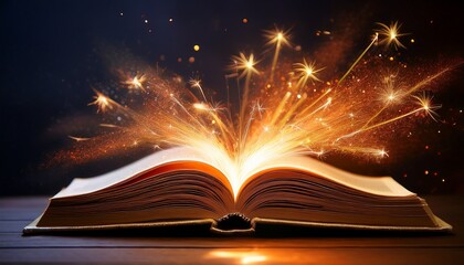 an open book emits glowing sparks of fiery light against a dark backdrop symbolizing inspiration transformation and the burning power of knowledge