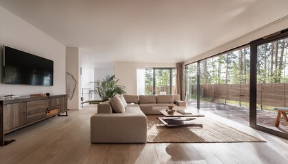 modern minimalist living room with open concept design and natural light