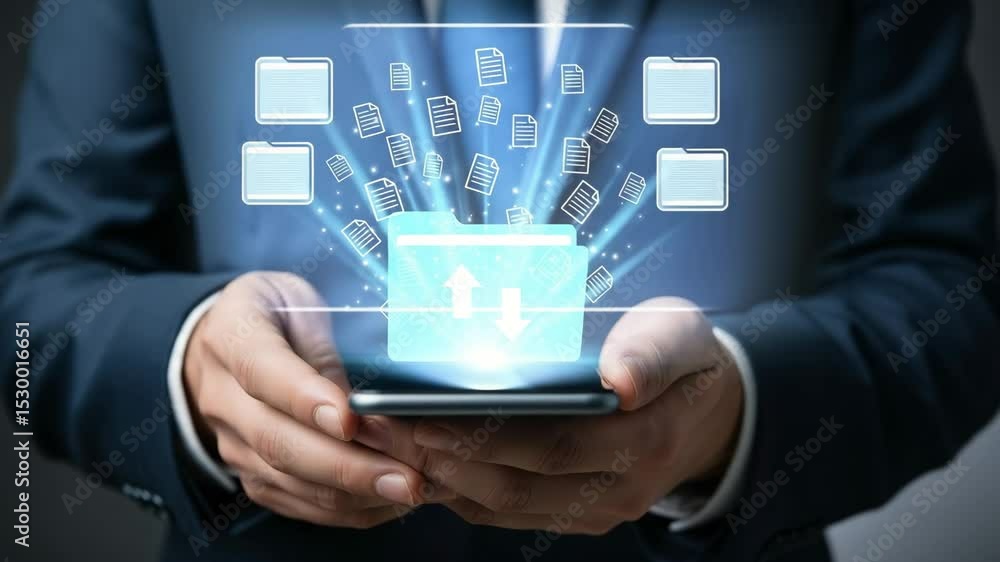 Aufkleber A man in a suit holding a smartphone with a digital folder and document icons floating above it