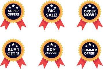 OFFER VECTORCollection of Promotional Badges Featuring Sale and Special Offers in Red and Gold.
