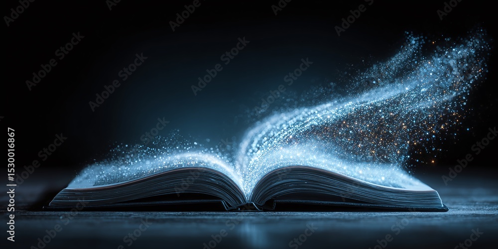 Poster magical open book: a tale unfolds as ethereal light emanates from the pages of an open book, filling