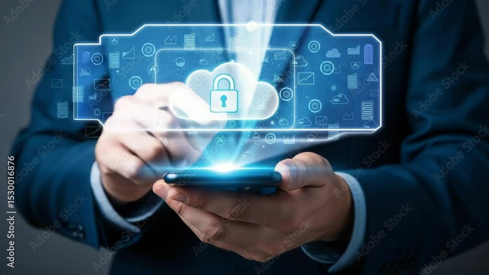 Poster man holding phone with cloud security hologram interface in a blue suit close up shot display