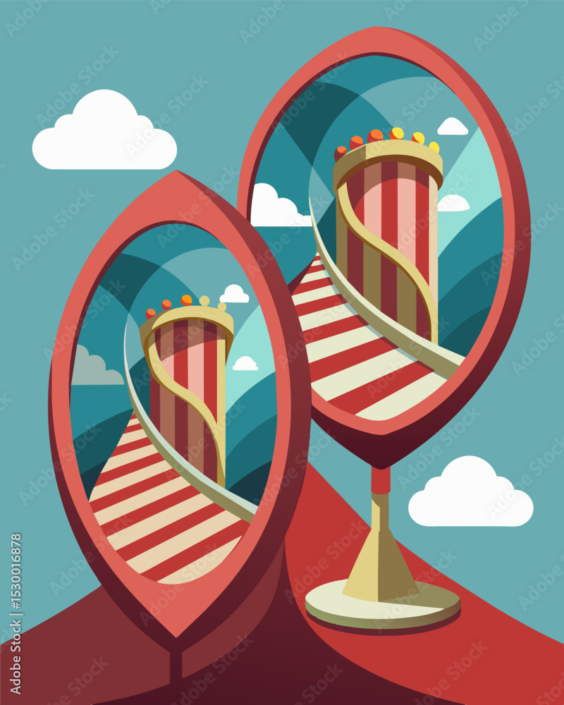 Poster the mirrors in a funhouse that warp and twist your reflection distorting reality.. vector illustrati
