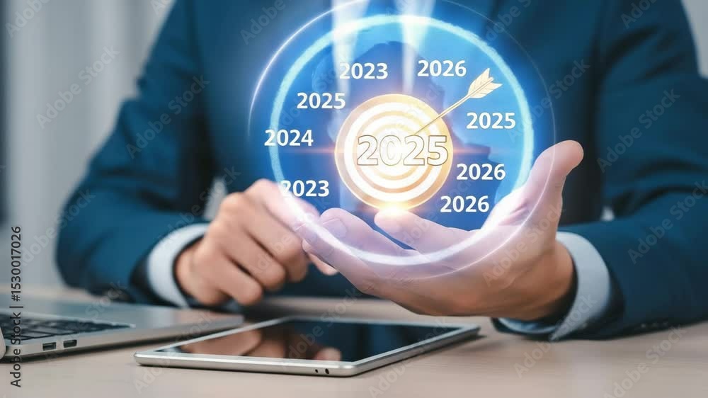 Poster man in suit holding target with arrow and years near laptop and tablet on a desk surface
