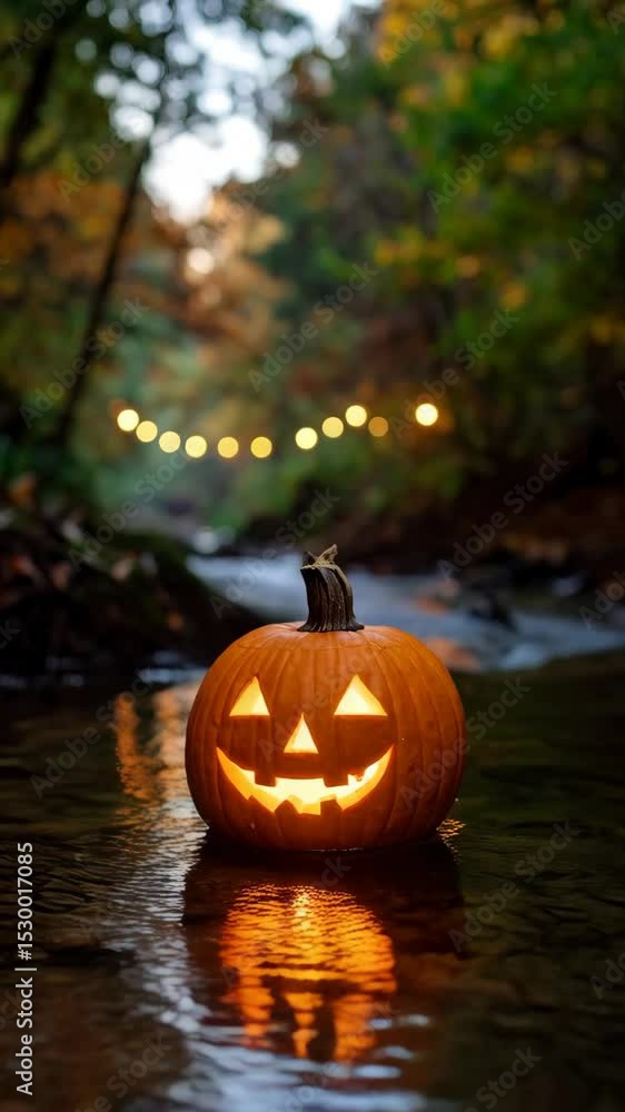 Poster Illuminated jack-o'-lantern reflecting in a creek bed on a fall evening with blurred string lights and autumn trees creating a spooky festive mood