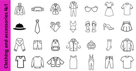 Set of clothing and accessories icons in a minimalist style with black lines on a white background