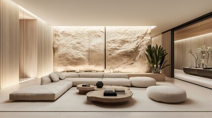 Zen-inspired living space with clean lines, minimalistic furniture, natural wood materials, soft neutral tones, and peaceful, calm ambiance