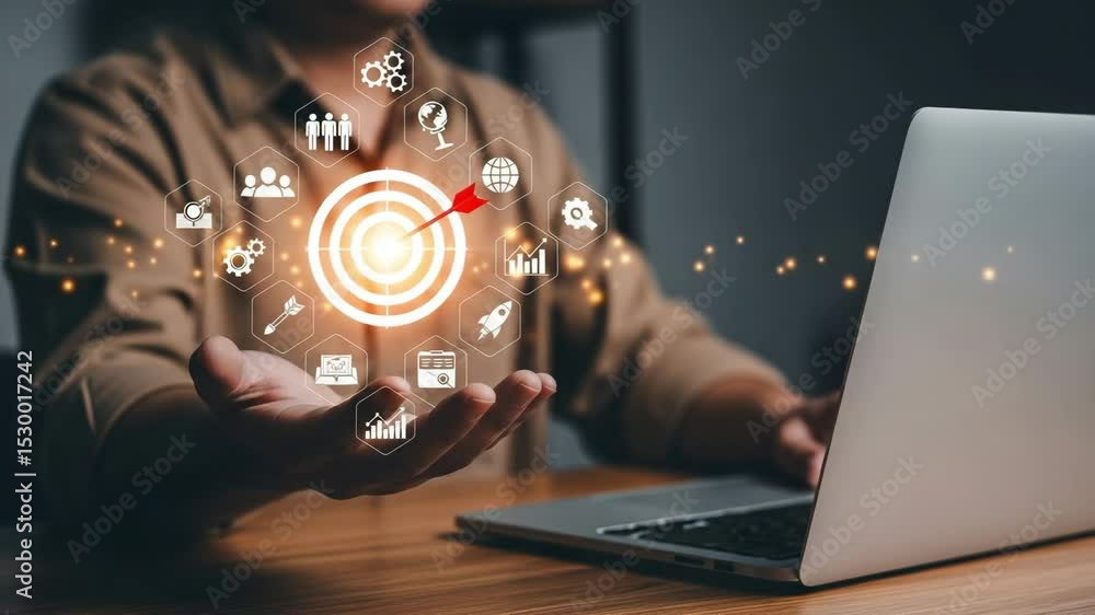 Poster person holding target with icons and laptop on desk showing business strategy concept design view