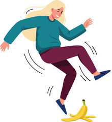 Obraz premium Woman slipping on a banana peel vector illustration showing a funny accident scene with a blonde female character in casual clothes 
