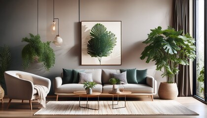 elegant living room with modern furniture and green plant decor