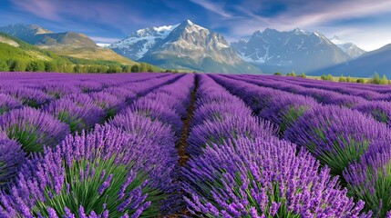 Obraz premium Fields of lavender bloom against majestic mountain backdrop during golden hour in serene landscape
