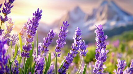Obraz premium Stunning close-up of lavender blooms at sunset with mountains in the background