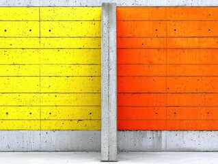 A vibrant image showcases a concrete wall bisected by a grey pillar, with one half painted bright yellow and the other half a bold orange.  The painted sections are divided into horizontal panels