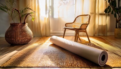 a rolled white yoga mat lies on a textured gold rug near a wicker basket and a wooden chair illuminated by soft natural light from a sheer window
