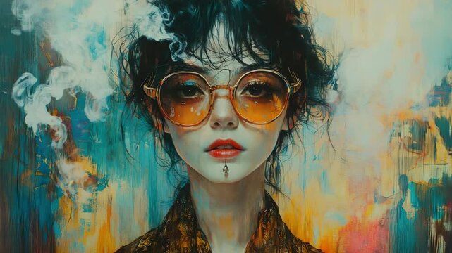 A painting of a woman wearing sunglasses and smoking a cigarette