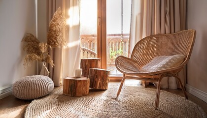 cozy interior scene featuring natural light streaming through a window onto a woven chair and soft textiles wooden blocks on a rug creates a serene atmosphere