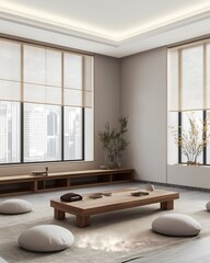 Zen-inspired meditation room with tatami mats, low wooden furniture, minimal decor, natural light filtering through bamboo shades