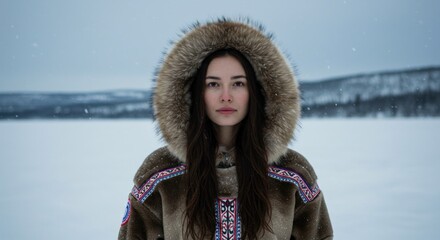 Woman in traditional winter attire.  Snowy landscape