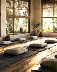 Zen-inspired meditation room with tatami mats, low wooden furniture, minimal decor, natural light filtering through bamboo shades