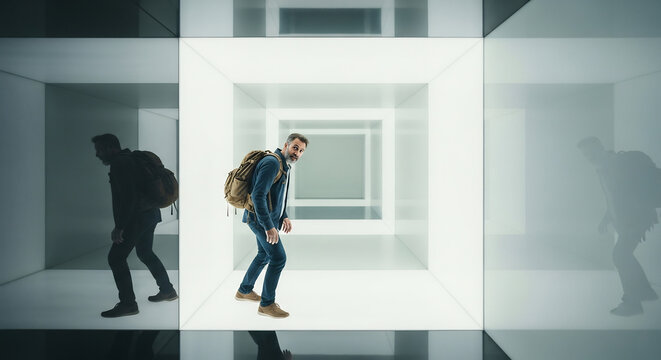 Lost traveler: a man in a room wandering through a dreamlike, minimalist space, embodying themes of exploration and the unknown.