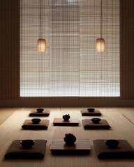Zen-inspired meditation room with tatami mats, low wooden furniture, minimal decor, natural light filtering through bamboo shades
