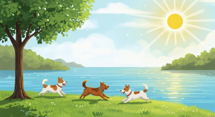Three dogs running on green grass near a tree and a lake under a bright sun illustration