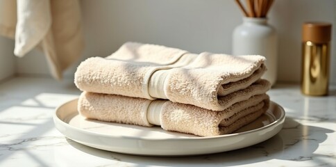 Premium towels on plate on elegant plate with rustic charm theme in vintage retro style for stock photography