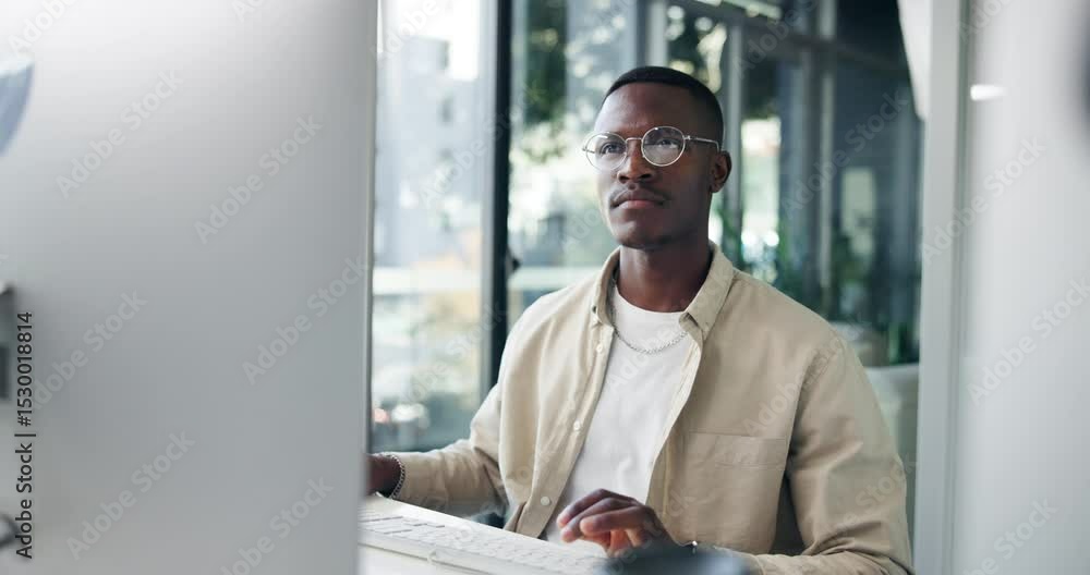 Poster black man, computer or typing in office for research, business networking or editing article. creati