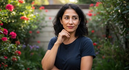 Woman thoughtfully gazing in a garden