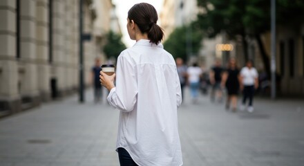 Woman walking city street with coffee
