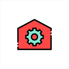 Gear spinning inside a red house outline representing home automation and smart technology, conveying efficiency and control.
