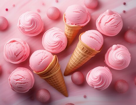 sweet pink ice cream cones arranged on a playful background