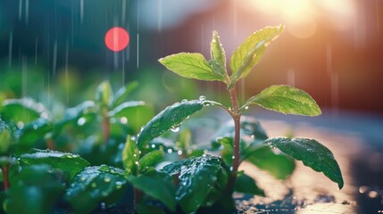 Young plants growing in rain