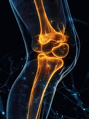 A glowing X-ray effect graphic design of a human knee joint, highlighting bones and ligaments within a wireframe anatomical structure.