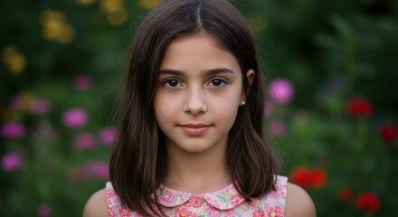 Young girl with a thoughtful expression, surrounded by flowers