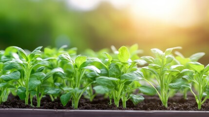 Young plants growing in rows in a tray, bathed in sunlight