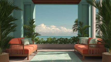 Beautiful outdoor living space with a stunning view of the ocean. the room has a wooden floor and a large window that offers a panoramic view.