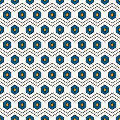 Zigzag seamless pattern. Hexagon mosaic tiles ornament. Ethnic surface print. Repeated geometric figures background. Ornamental wallpaper. Modern geo design digital paper. Vector abstract art
