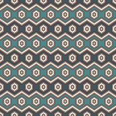 Zigzag seamless pattern. Hexagon mosaic tiles ornament. Ethnic surface print. Repeated geometric figures background. Ornamental wallpaper. Modern geo design digital paper. Vector abstract art