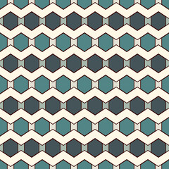 Zigzag seamless pattern. Hexagon mosaic tiles ornament. Ethnic surface print. Repeated geometric figures background. Ornamental wallpaper. Modern geo design digital paper. Vector abstract art