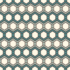 Zigzag seamless pattern. Hexagon mosaic tiles ornament. Ethnic surface print. Repeated geometric figures background. Ornamental wallpaper. Modern geo design digital paper. Vector abstract art
