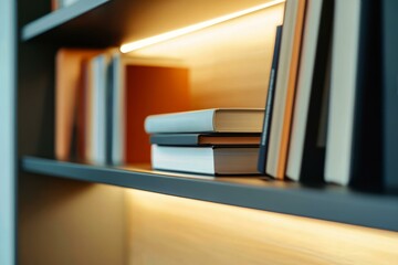  Bookshelf with LED lighting and books for modern library or office mockup display